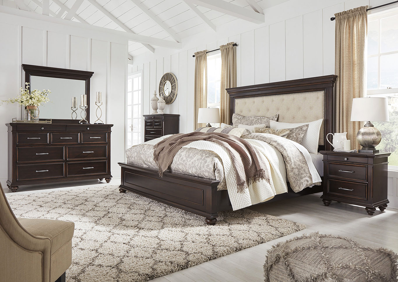 Brynhurst Brown King Upholstered Panel Bed Dresser w/Mirror,American Furniture