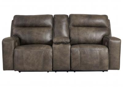 GAME PLAN CONCRETE LEATHER 2P POWER LOVESEAT WITH CONSOLE