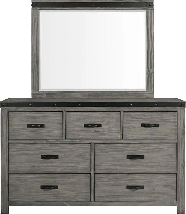 Gray Dresser and Mirror with black handle and accents
