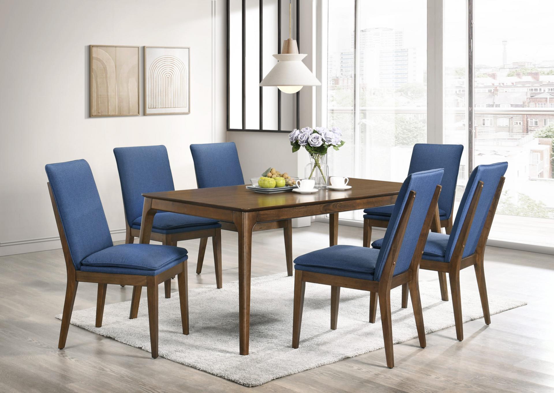 6 blue chairs with table