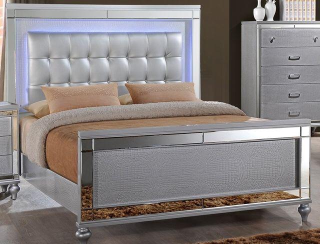 Valens Panel Bed with LED Lite Headboard in SIlver