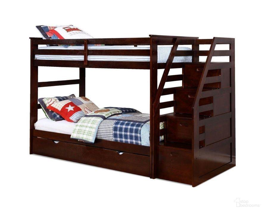 Twin over twin brown bunk with stairs and trundle unit