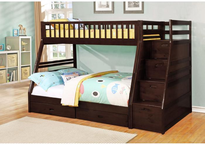 Dakota Twin/Full Angled Bunk Bed with Storage Staircase and Under Drawers - Espresso,Instore