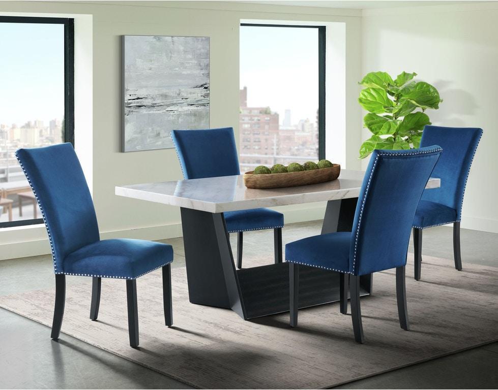 5pc Marble Dining Set with Blue Chairs nailhead trim