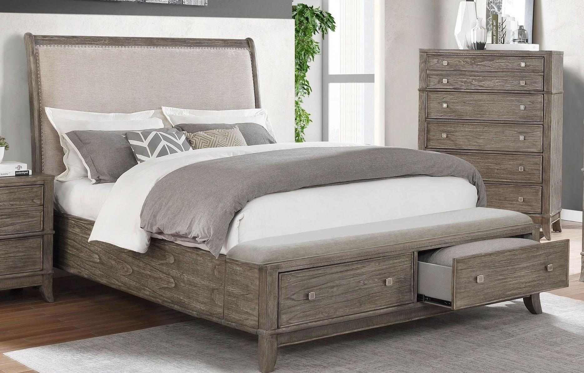 Landon Brushed Brown Upholstered Storage Sleigh Bed with Bench Footboard - Queen,Instore