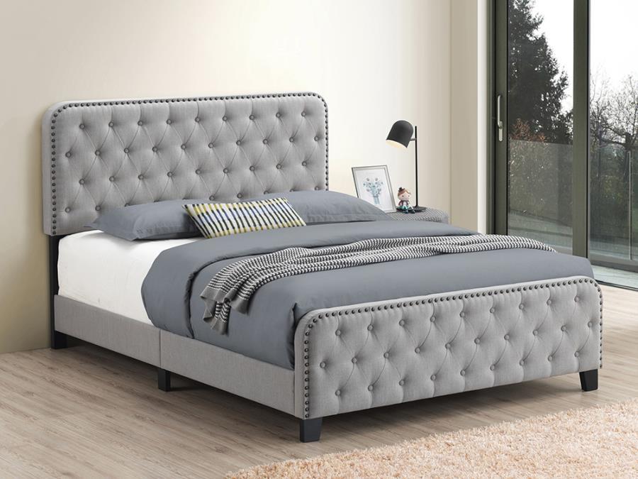 Gray Eastern King Upholstered Bed with Nailhead