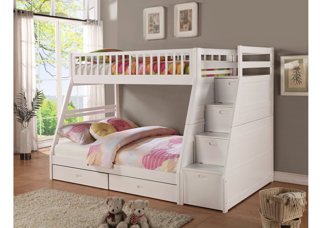 Dakota Twin/Full Angled Bunk Bed with Storage Staircase and Under Drawers  “ White,Instore