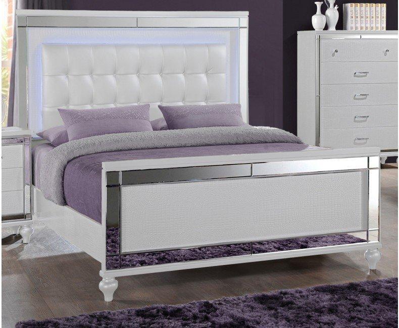 White Panel Bed with LED Lighted Headboard Valens