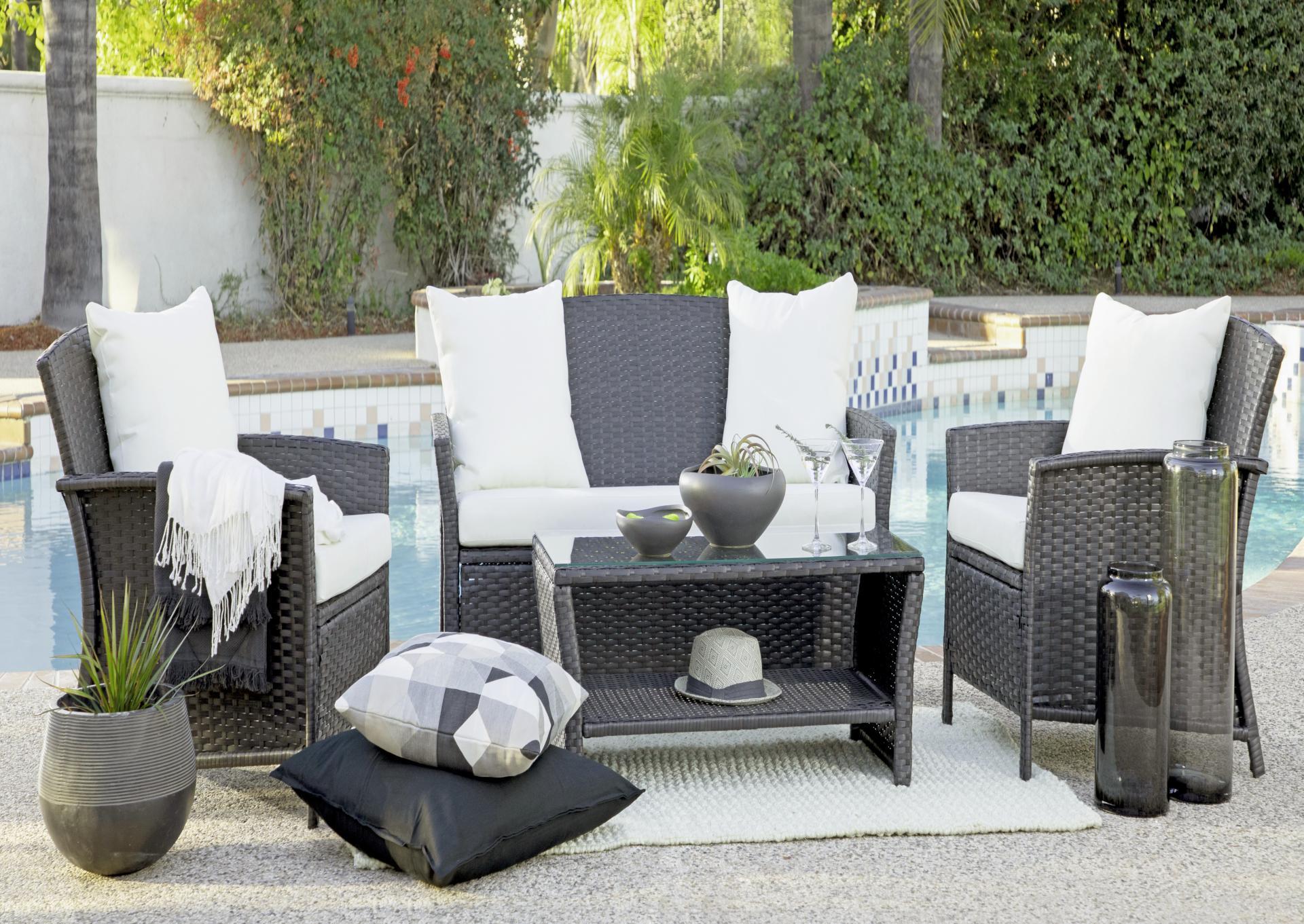 Brown Wick Patio Love Seat two chairs and table