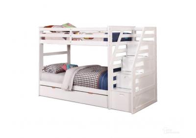 Cosmo Twin Over Twin Staircase Bunk Bed With Trundle and Storage Steps - White
