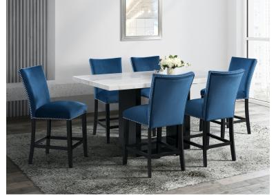 Image for Valentino Marble 5pc Counter Height Set with 4 Blue Fabric Stools