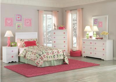 Image for White Twin Bed, Dresser w/Mirror, Nightstand and Chest