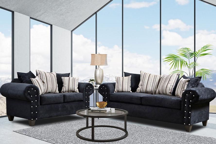 Sofa and Loveseat Black + Cocktail Tables & 2 End Tables ,Pick a Package