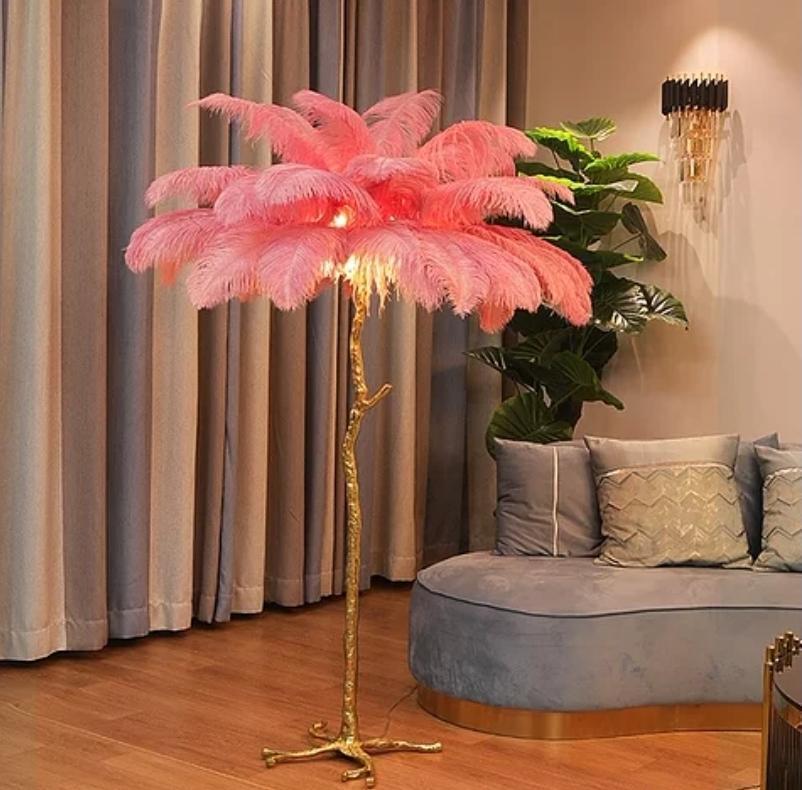 Genuine Brass & Ostrich Feather Tree Floor Lamp 6 Colors Pink Red Turquoise  White Grey,N Y Diamond 