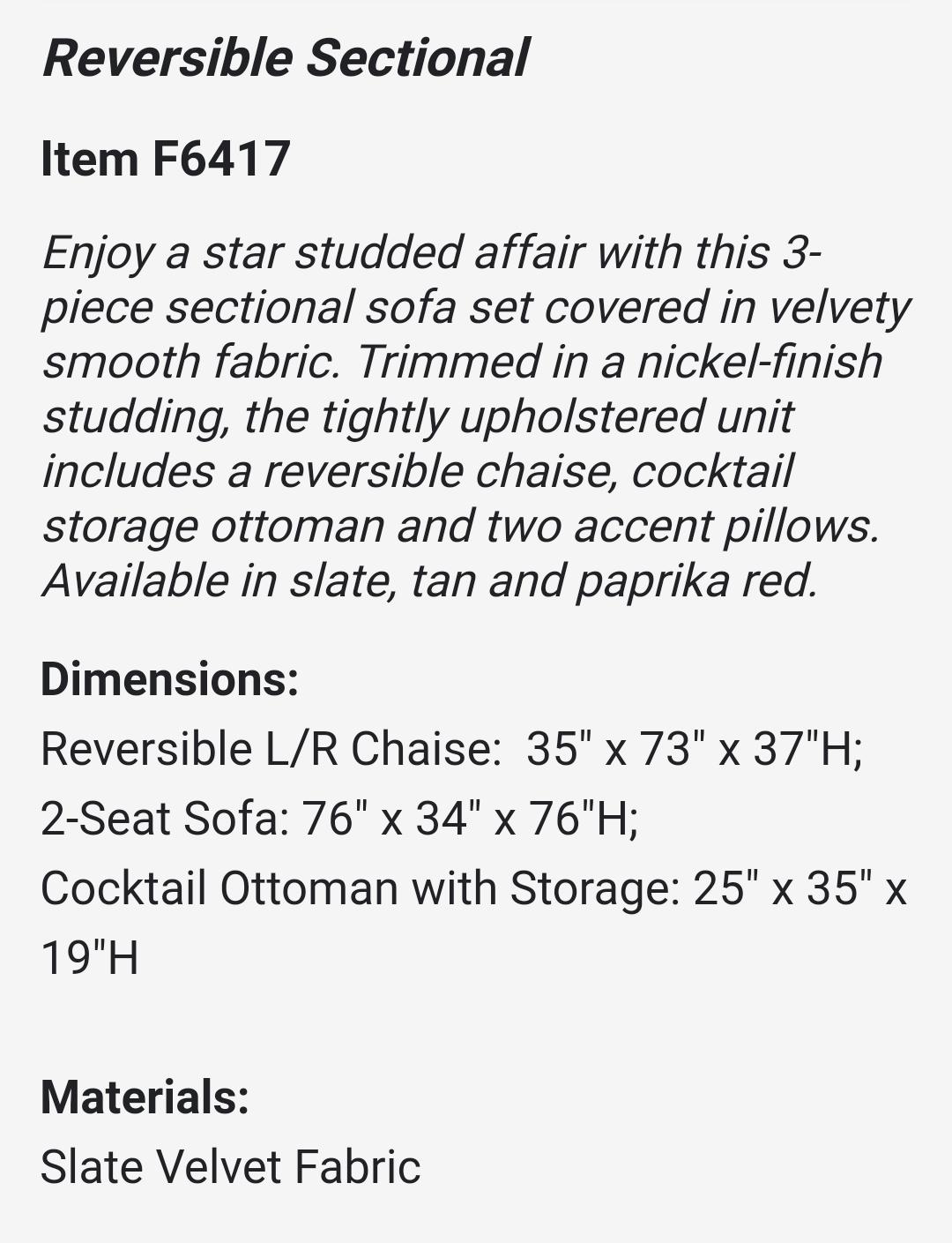 3 Piece Velvet Reversible Sectional Sofa 3 Colors Grey, Tan,  Red 6417,Boss
