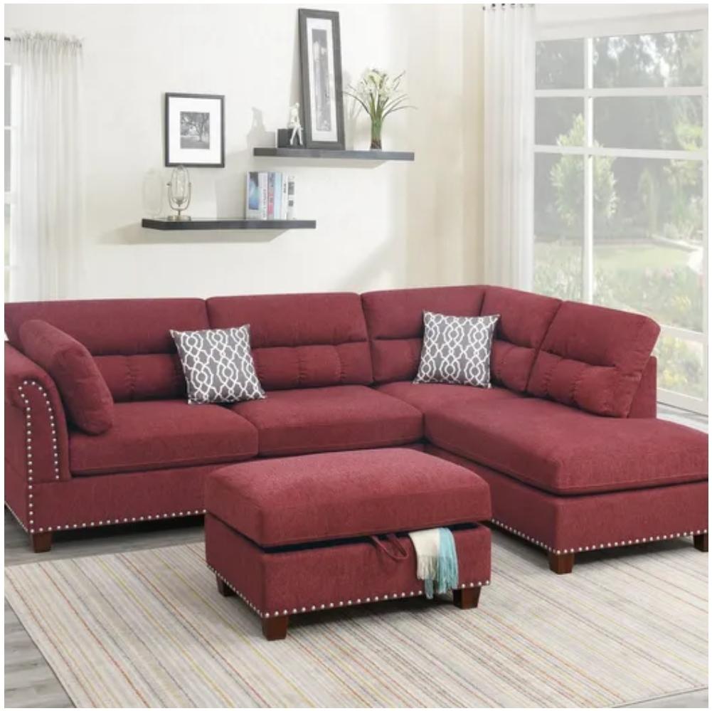 3 Piece Velvet Reversible Sectional Sofa 3 Colors Grey, Tan,  Red 6417,Boss