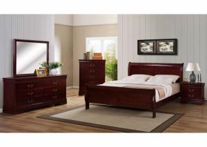 Louis Philippe Cherry Queen Bed w/Dresser, Mirror, Chest, & Nightstand