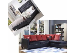 Image for Overflow Black Upholstered Queen Bed & Black Sofa Chaise W/ Red Pillows