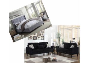 Image for Overflow Light Grey Upholstered Queen Bed & Black 2 Piece Living Room Set