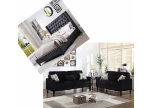 Image for Overflow Black Upholstered Queen Bed & Black 2 Piece Living Room Set