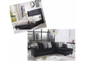 Image for Overflow Black Upholstered Queen Bed & Black Velvet Sofa Chaise