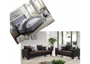 Image for Overflow Light Grey Upholstered Queen Bed & Brown 2 Piece Living Room Set