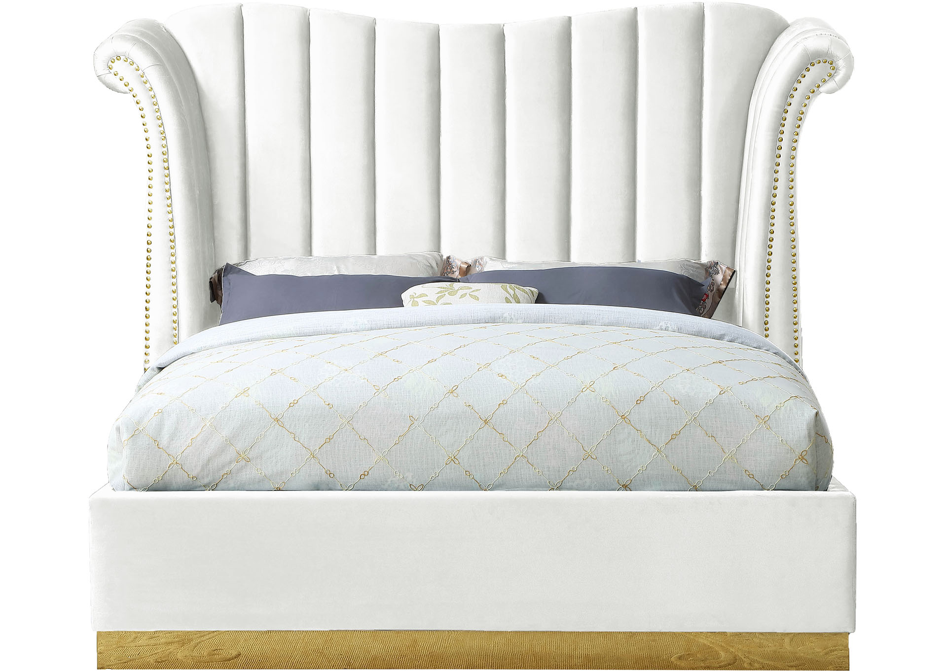 Dallas White Velvet Queen Bed (3 Boxes) Coco Furniture Galleries