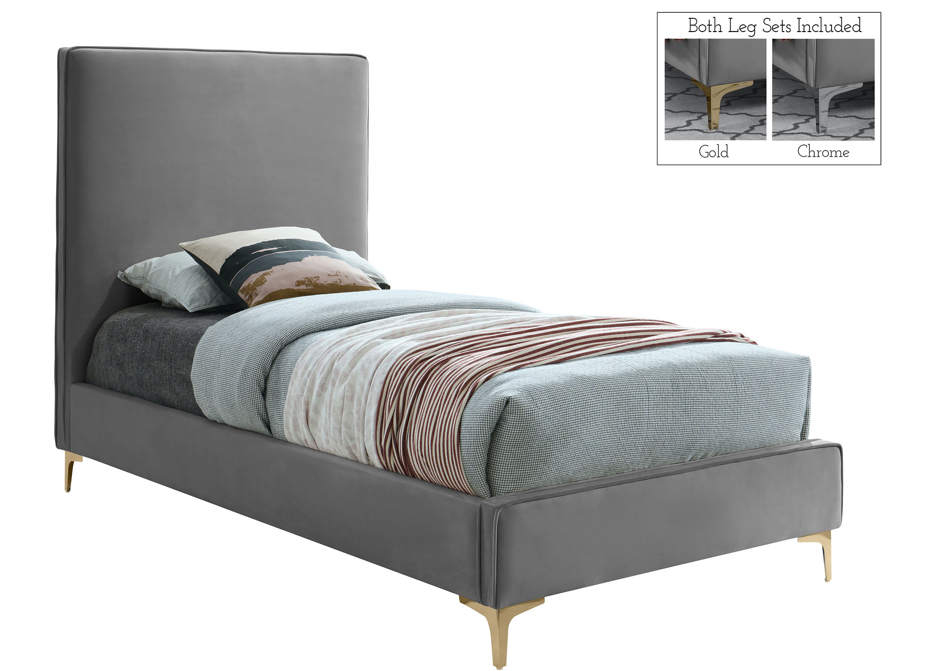 Vector Grey Velvet Twin Bed,"Serafina" In-Store