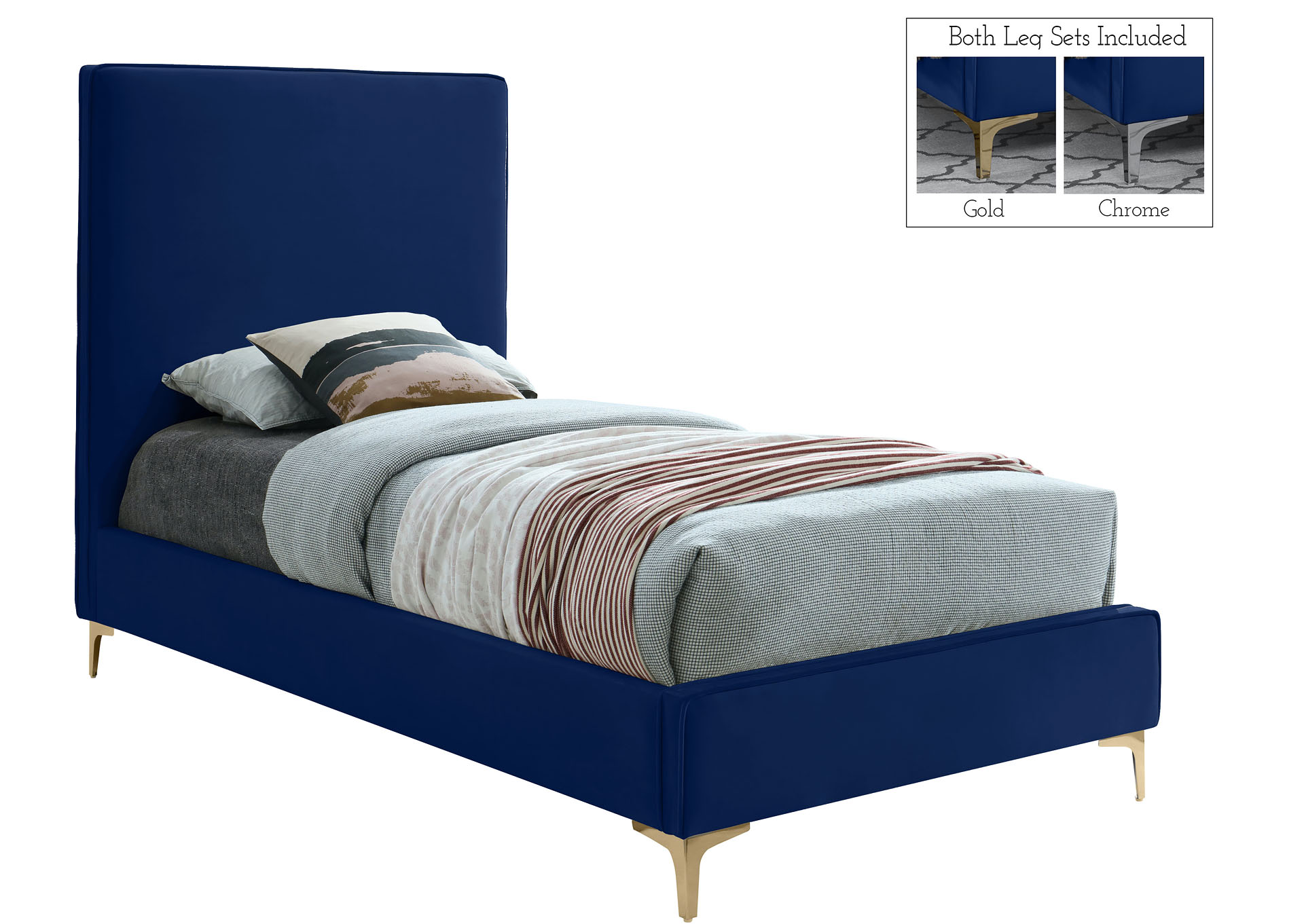 Vector Navy Velvet Twin Bed,"Serafina" In-Store