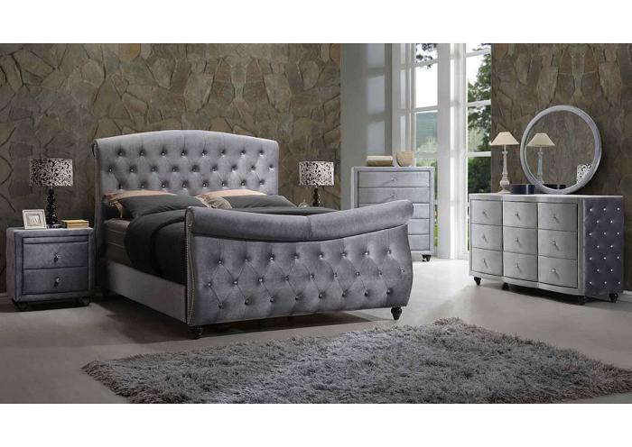 Hudson Grey Upholstered Queen Sleigh Bed w/Dresser and Mirror,Instore