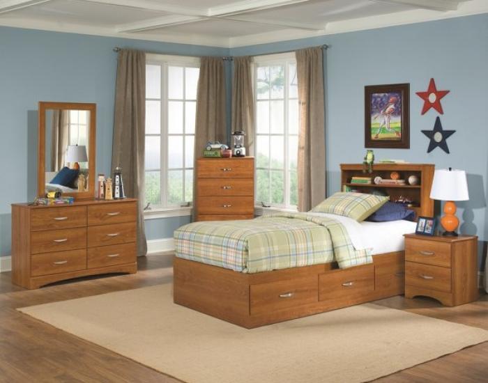 Captains Oak Twin Bed 5PC Group Set (dresser,mirror,nightstand,& chest) ,InStore Products