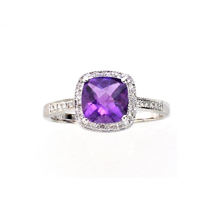 Cushion Cut Amethyst Ring with Diamonds in 14K White Gold,InStore Products