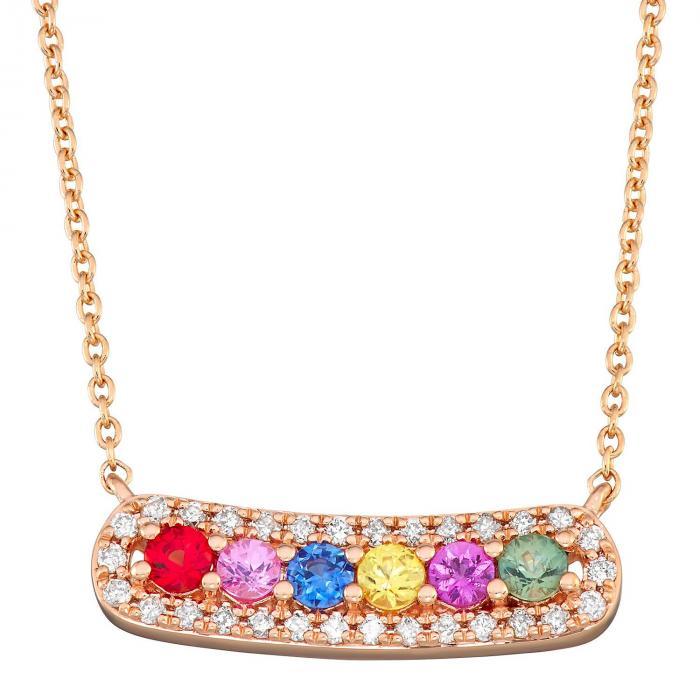 Rainbow Sapphire and Diamond Bar Necklace in 14k Rose Gold,InStore Products