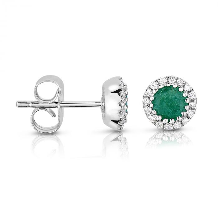Round Shaped Emerald Earring with Diamonds in 14K White Gold,InStore Products