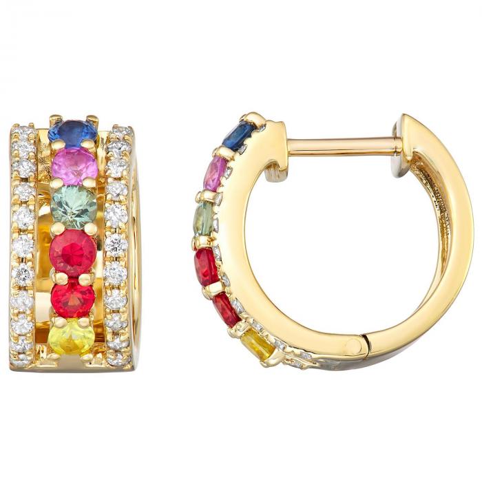 Rainbow Sapphire and Diamond Huggie Hoop Earrings in 14k Gold,InStore Products