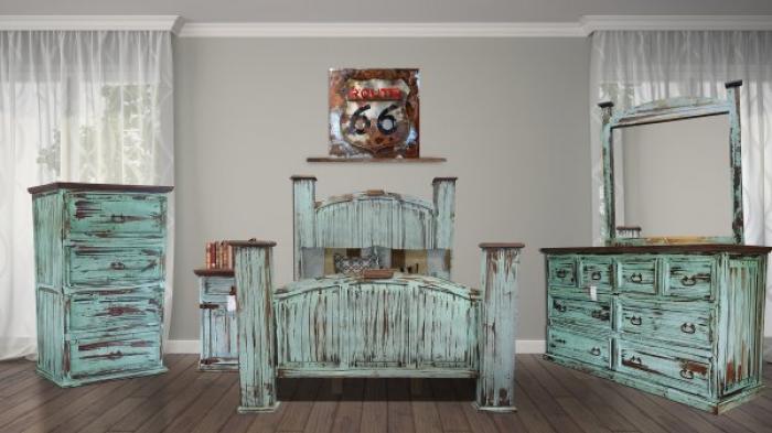 Mansion Rustic Turquoise King 5PC set (dresser,mirror,nightstand,chest),InStore Products