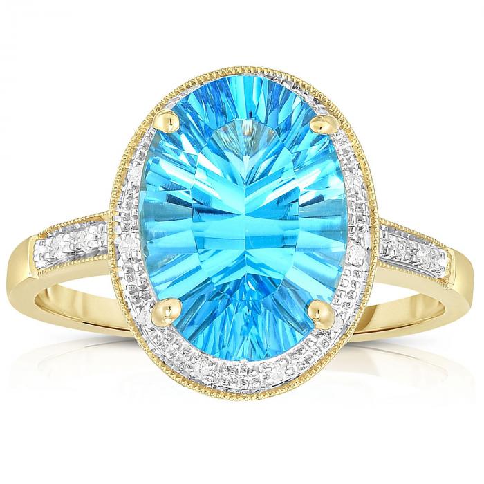 Oval Concave Cut Blue Topaz Ring with Diamonds in 14K Yellow Gold,InStore Products
