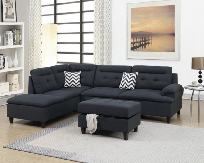 3PCS BLACK SECTIONAL W/ STORAGE OTTOMAN,InStore Products