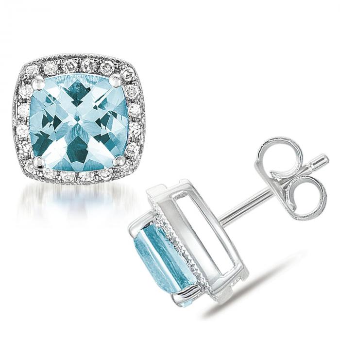 Cushion Shaped Aquamarine Earrings with Diamonds in 14K White Gold,InStore Products