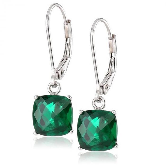 8 mm Cushion Cut Created Emerald Dangle Leverback Earrings in 14K White or Yellow Gold ,InStore Products