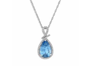 Concave Cut Blue Topaz and Diamond Pendant in 14K White Gold