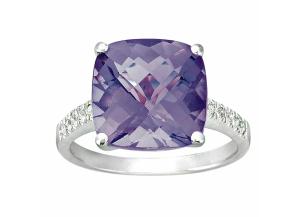 Cushion-Cut Amethyst Ring with Diamonds in 14K White Gold