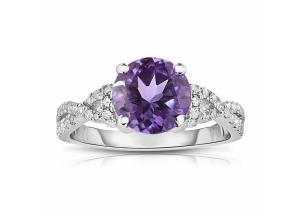 Image for Round-Shaped Amethyst Ring with Diamonds in 14K White Gold