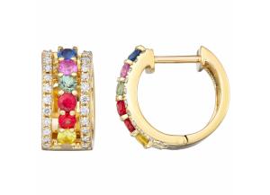 Rainbow Sapphire and Diamond Huggie Hoop Earrings in 14k Gold