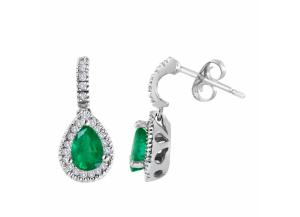 Pear-shaped Emerald and Diamond Earrings set in 14K White Gold