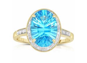 Image for Oval Concave Cut Blue Topaz Ring with Diamonds in 14K Yellow Gold