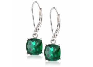 Image for 8 mm Cushion Cut Created Emerald Dangle Leverback Earrings in 14K White or Yellow Gold 