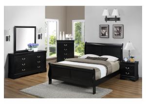Louis Philippe Black Queen Bed w/Dresser, Mirror, Chest, & Nightstand