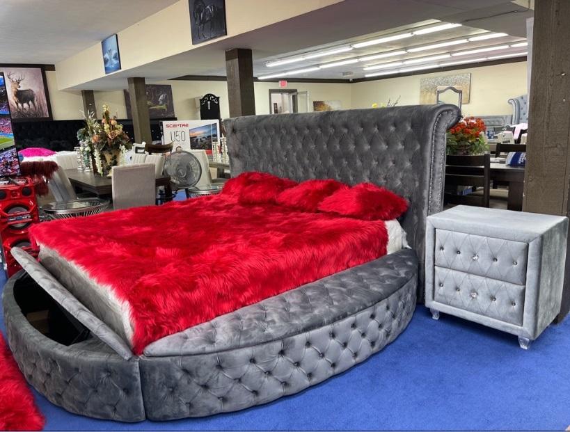 Round Queen Storage Bed with Speaker Bluetooth USB Charger,Instore