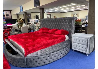Round Queen Storage Bed with Speaker Bluetooth USB Charger